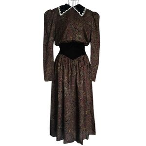 Vintage Gunne Sax Jessica McClintock Paisley and Velvet Collared Dress, Size 3/4